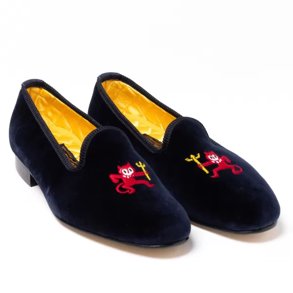 Bowhill u0026 Elliott Dunkelblaue Samt-Loafer „Little Red Devil" Mit Ledersohle Handma* S