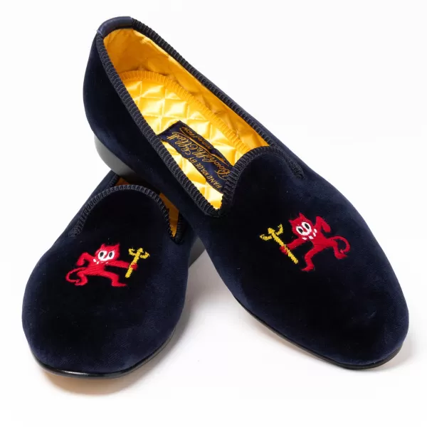 Bowhill u0026 Elliott Dunkelblaue Samt-Loafer „Little Red Devil" Mit Ledersohle Handma* S