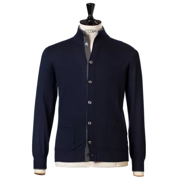 Cesare Attolini Dunkelblauer Cardigan „Bicolor Bomber Rib" Mit Stehkragen Aus P* Strickwaren