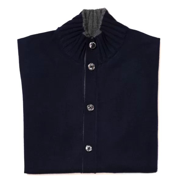Cesare Attolini Dunkelblauer Cardigan „Bicolor Bomber Rib" Mit Stehkragen Aus P* Strickwaren