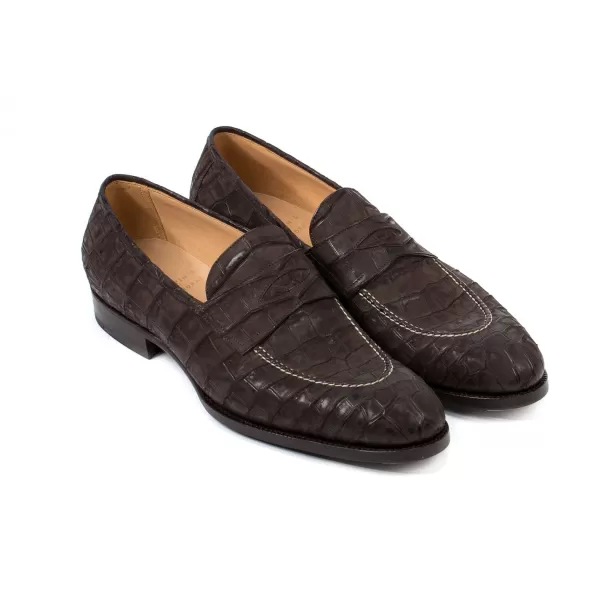 Saint Crispin's Pennyloafer „Kleid" Aus Dunkelbraunem Kroko-Wildleder Reine Handarbeit* Mto