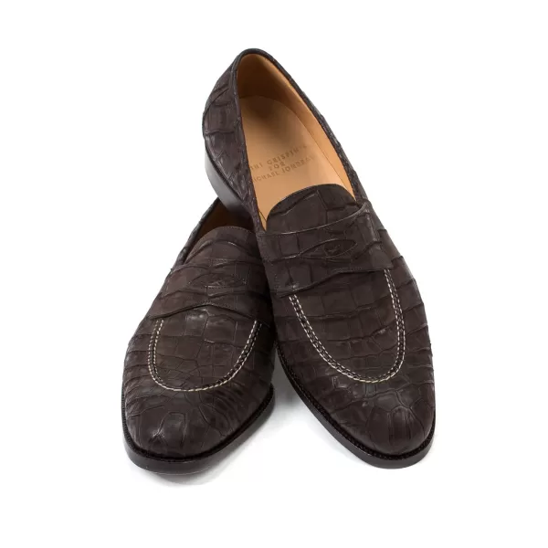 Saint Crispin's Pennyloafer „Kleid" Aus Dunkelbraunem Kroko-Wildleder Reine Handarbeit* Mto